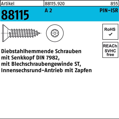 Schraube R 88115 diebstahlh Seko ISR Zapfen 48x 25 A 2 100 Stück - VPE: 100