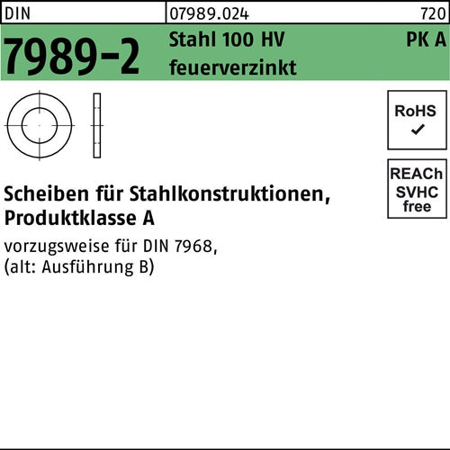 Unterlegscheibe DIN 7989-2 20/22x 37x8 Stahl 100HV feuerverz 100 Stück - VPE: 100