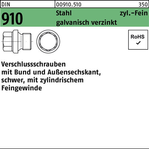 Verschlußschraube DIN 910 mBund/Außen-6-kant M 30 x 15 Stahl galvanisch verzinkt 10 Stück