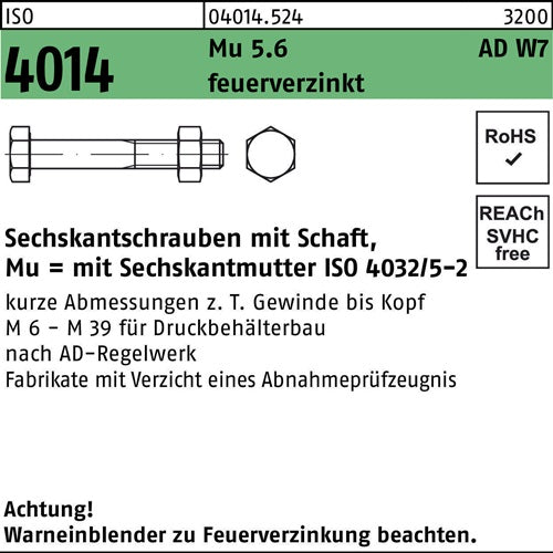 Sechskantschraube ISO 4014 mSchaft M 16 x 75 Mu 56 W7 feuerverzinkt 25 Stück