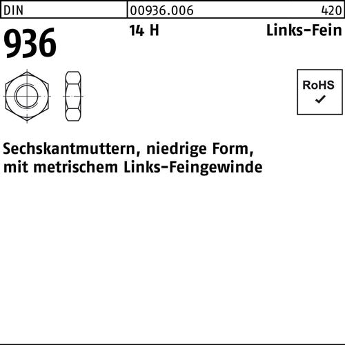 Sechskantmutter DIN 936 links M 14 x 15 -LH 14 H 100 Stück