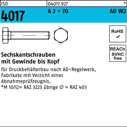 Sechskantschraube ISO 4017 VG M16x 35 A 2 - 70 AD-W2 25 Stück - VPE: 25