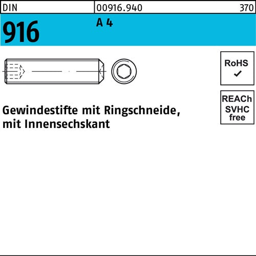 Gewindestift DIN 916 Ringschn/Innen-6kt M16x 25 A 4 10 Stück - VPE: 10
