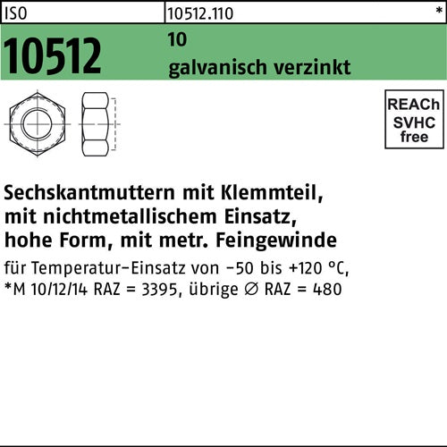 Sechskantmutter ISO 10512 mKlemmteil M12x15 10 galvverz 100St - VPE: 100