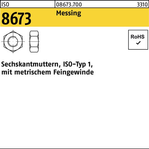 Sechskantmutter ISO 8673 M10x 1 Messing 100 Stück - VPE: 100