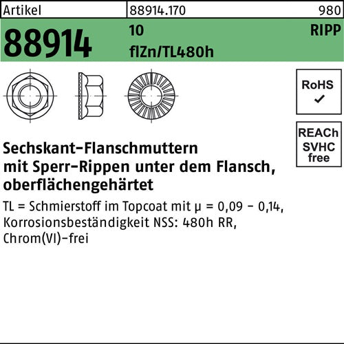 Sechskantflanschmutter R 88914 Sperr-Ripp M12 10 flZnnc 480h-L 100St - VPE: 100