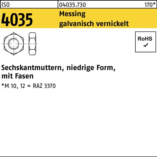 Sechskantmutter ISO 4035 niedrig Fasen M12 Messing galv vernickelt 100St - VPE: 100