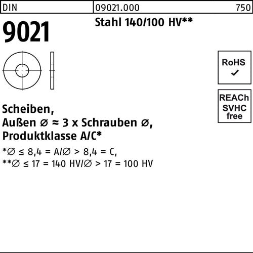 Unterlegscheibe DIN 9021 43x12x1 Stahl 140/100 HV 500 Stück - VPE: 500