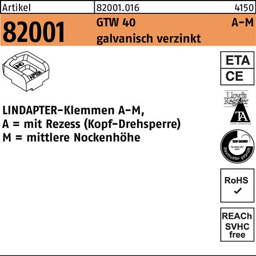 Klemmen R 82001 GTW 40 MM 12/60 galvverz 1 Stück LINDAPTER