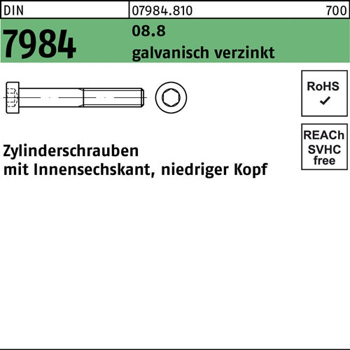 Zylinderschraube DIN 7984 Innen-6kt M5x20 88 galvverz 500St - VPE: 500