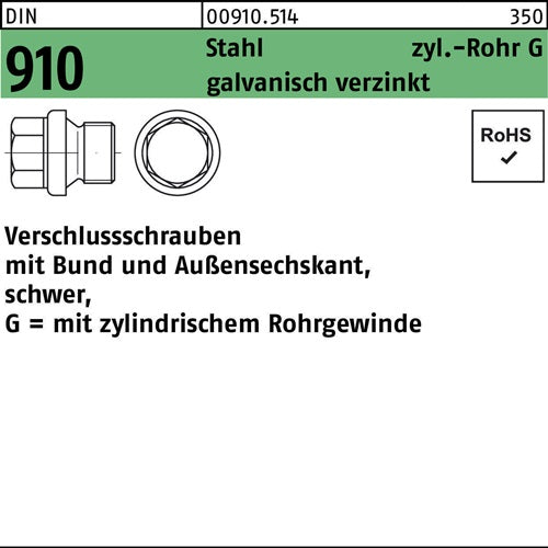 Verschlußschraube DIN 910 mBund/Außen-6-kant G 1/8 A Stahl galvanisch verzinkt 100 Stück