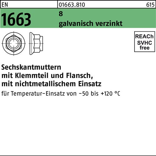 Sechskantmutter EN 1663 mKlemmteil/Flansch M 6 8 galvanisch verzinkt 100 Stück
