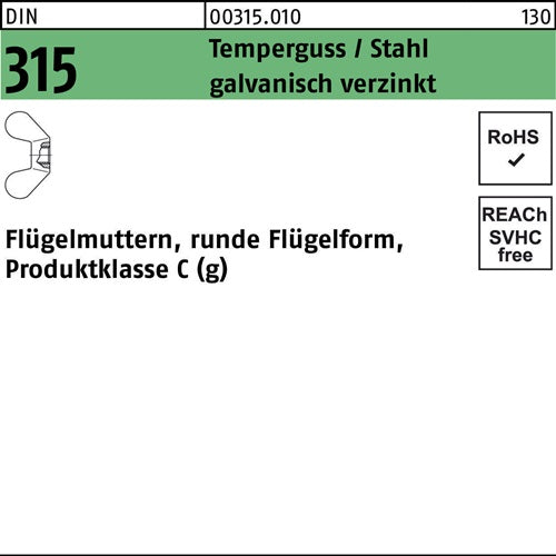 Flügelmutter DIN 315 runde Form M 8 Temperguss/Stahl galvanisch verzinkt 100 Stück
