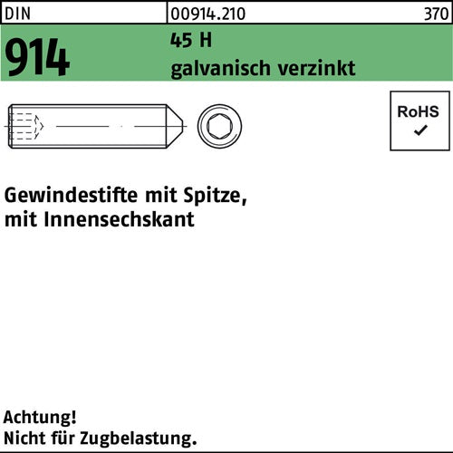 Gewindestift DIN 914 Spitze/Innen-6kt M16x60 45 H galvverz 50St - VPE: 50