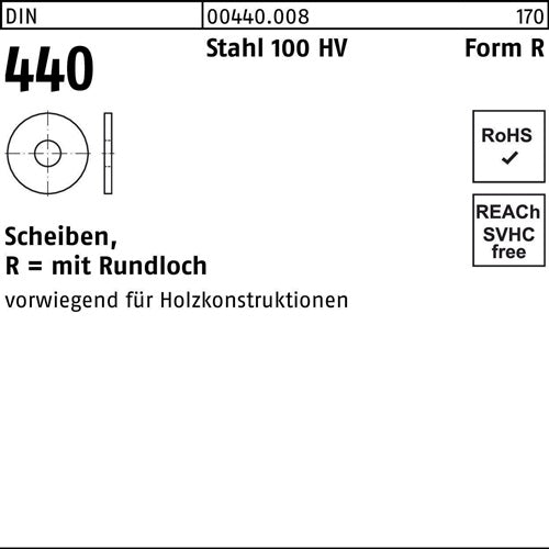 Scheibe DIN 440/ISO 7094 Form R R 33 x105 x 6 Stahl 100 HV 25 Stück