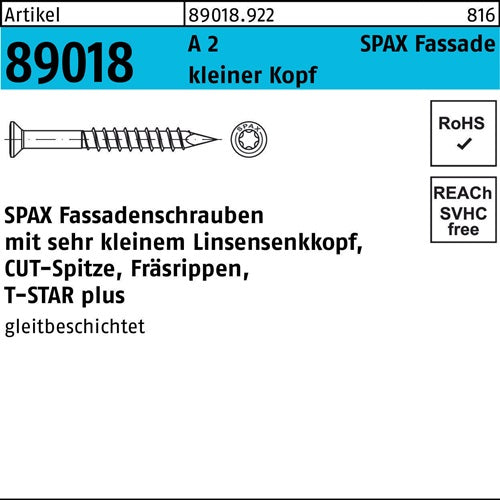 Fassadenschraube R 89018 Liko T-STAR 5x100/61-T A 2 kleiner Kopf 100Stück SPAX - VPE: 100