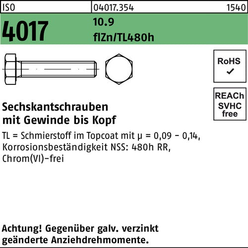 Sechskantschraube ISO 4017 VG M 8 x 12 109 zinkbesch Gleitmittel flZnnc 480h-L 200 Stück BUFAB