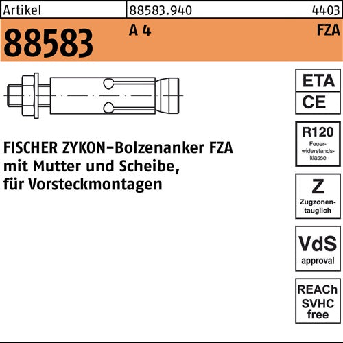 Bolzenanker R 88583 ZYKON FZA 18x 80 M12/25 A 4 10 Stück FISCHER - VPE: 10