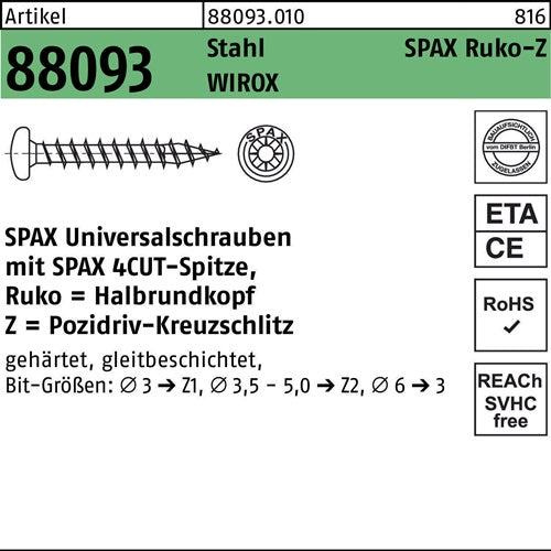 Schraube R 88093 Ruko Spitze/PZ 4x12/10-Z Stahl galvverz WIROX 1000St SPAX - VPE: 1000