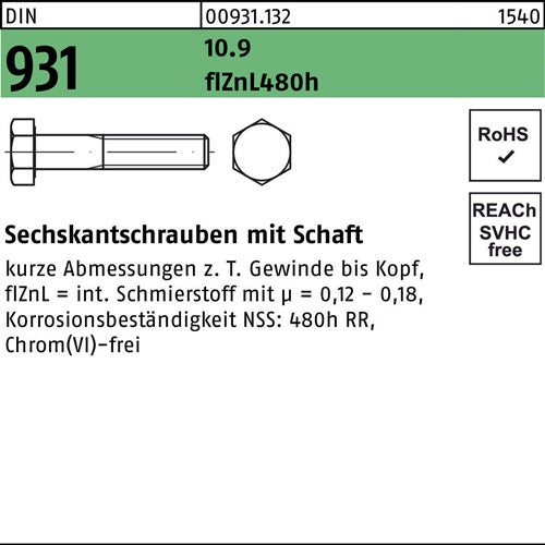 Sechskantschraube DIN 931 Schaft M16x 90 109 flZnL/nc/x/x/480h/C 25 Stück - VPE: 25