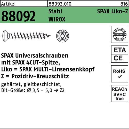 Schraube R 88092 LIKO/PZ 35x20/15-Z Stahl WIROX 1000St SPAX - VPE: 1000