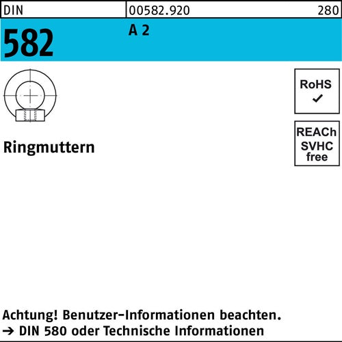 Ringmutter DIN 582 M 12 A 2 Ohne Oberflächenangabe 1 Stück