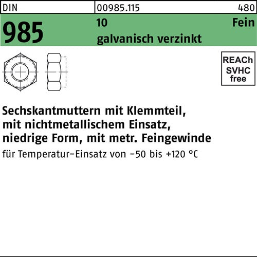 Sechskantmutter DIN 985 mKlemmteil M 10 x 1 10 galvanisch verzinkt 100 Stück