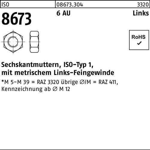 Sechskantmutter ISO 8673 links M16x 15 6 Automatenstahl 50 Stück - VPE: 50