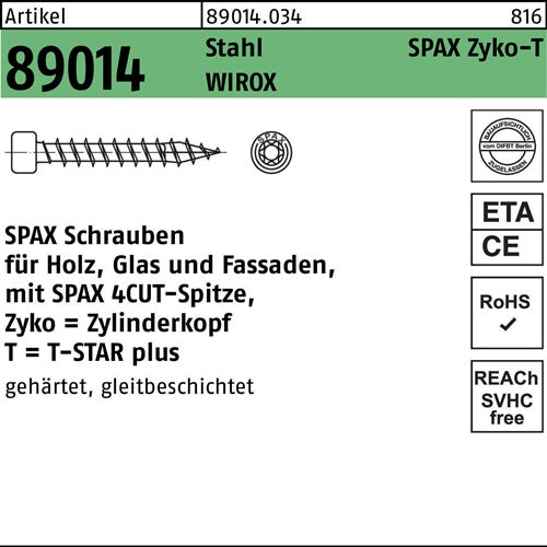 ZYLKOschraube R 89014 T-STAR 8x 280-T40 Stahl WIROX 50 Stück SPAX - VPE: 50