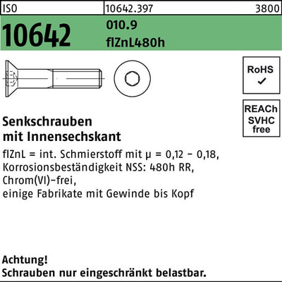 Senkschraube ISO 10642 Innen-6kt M8x22 0109 flZnL 480h zinklamellenb 200St - VPE: 200
