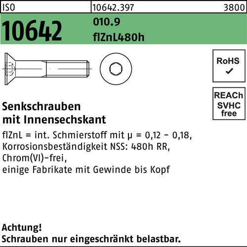 Senkschraube ISO 10642 Innen-6kt M16x30 0109 flZnL 480h zinklamellenb 50St - VPE: 50