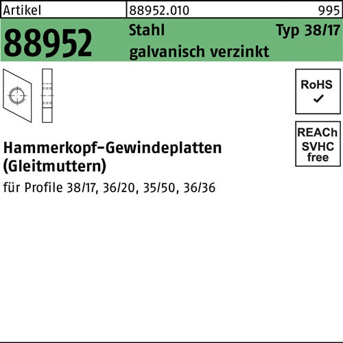 Hammerkopfgewindeplatte R 88952 Typ 38/17 M10 Stahl galvverz 100St - VPE: 100