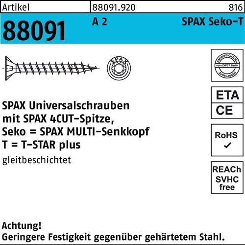 Schraube R 88091 SEKO T-STAR 5x 50/44-T20 A 2 200 Stück SPAX - VPE: 200