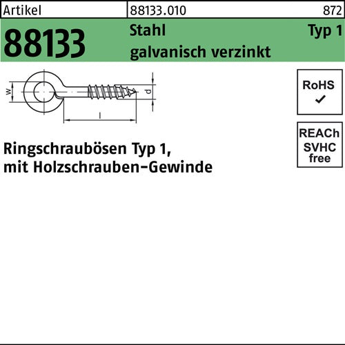 Ringschrauböse R 88133 Typ 1 8x 4(23/4) Stahl galvverz 100 Stück - VPE: 100