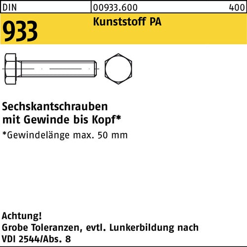Sechskantschraube DIN 933 VG M 4 x 8 Polyamid naturfarben 200 Stück