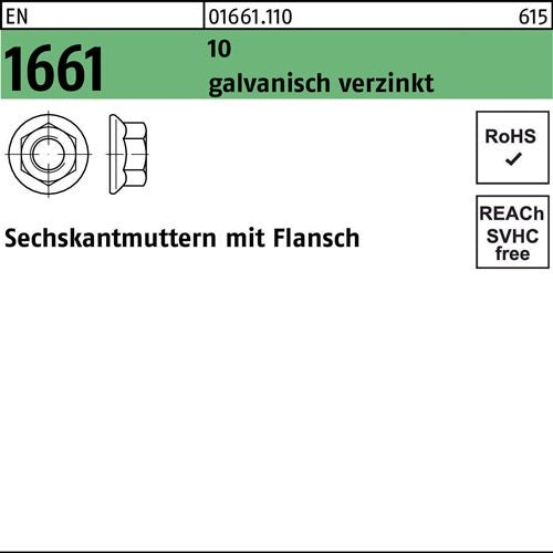 Sechskantmutter EN 1661 Flansch M10 10 galvverz 500 Stück - VPE: 500