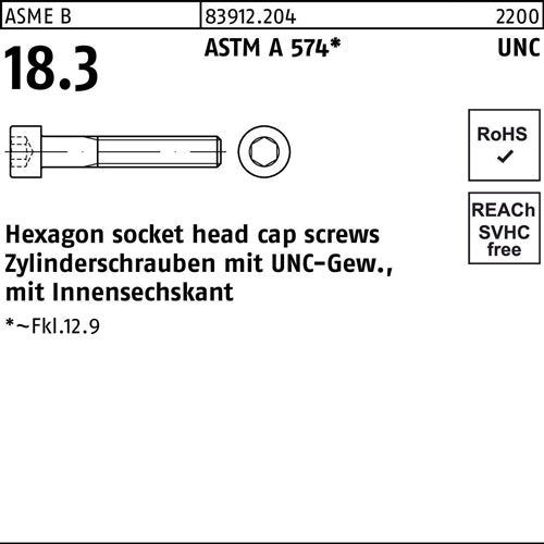 Zylinderschraube R 83912 UNC-Gewinde/Innen-6kt #10x 1/2 ASTM A 574 200St - VPE: 200