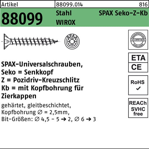 Spanplattenschraube R 88099 Seko PZ 45x20/10-Z Sta galvverz WIROX 1000St SPAX - VPE: 1000