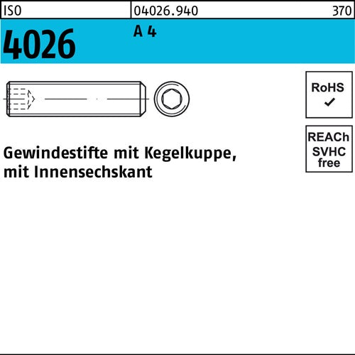 Gewindestift ISO 4026 Kegelkuppe/Innen-6kt M3x 5 A 4 500 Stück - VPE: 500