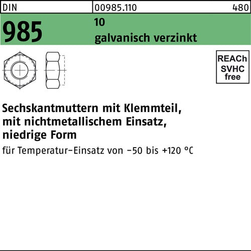 Sechskantmutter DIN 985 mKlemmteil M 14 10 galvanisch verzinkt 50 Stück