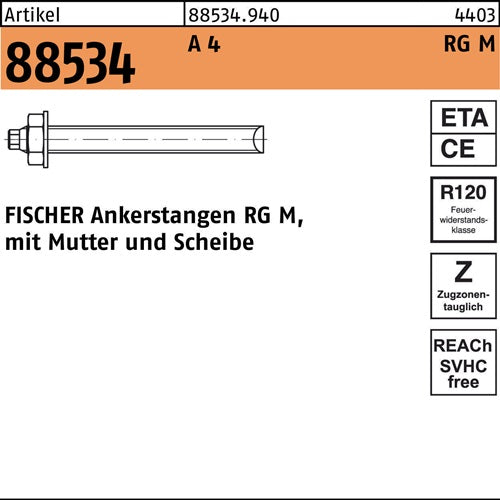 Ankerstange R 88534 Mutter/Scheibe RG M20x 350 A 4 10 Stück FISCHER - VPE: 10