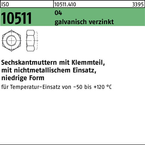 Sechskantmutter ISO 10511 Klemmteil M12 Automatenstahl galvverz 250St - VPE: 250