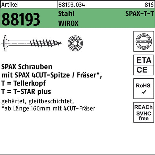 Tellerkopfschraube R 88193 Spitze/T-STAR 10x120/80-T50 Sta verz WIROX 50St SPAX - VPE: 50