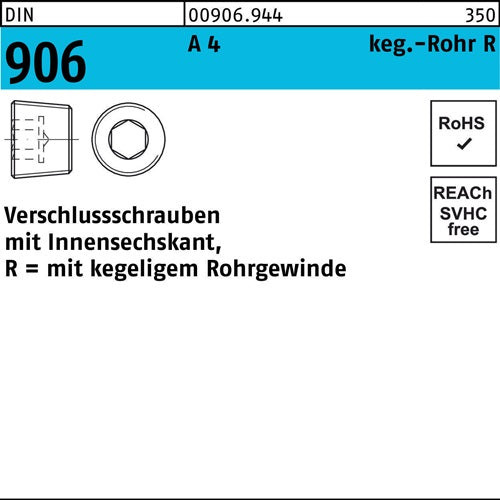 Verschlußschraube DIN 906 mInnen-6-kant R 3/8 A 4 100 Stück