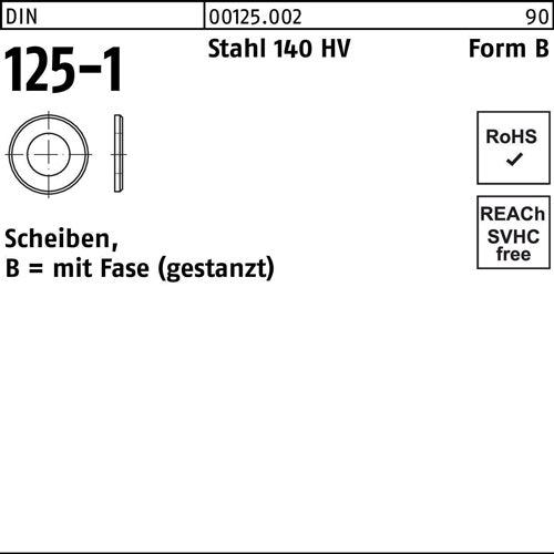 Unterlegscheibe DIN 125-1 Form B 50 x 92 x8 Stahl 140 HV 10 Stück