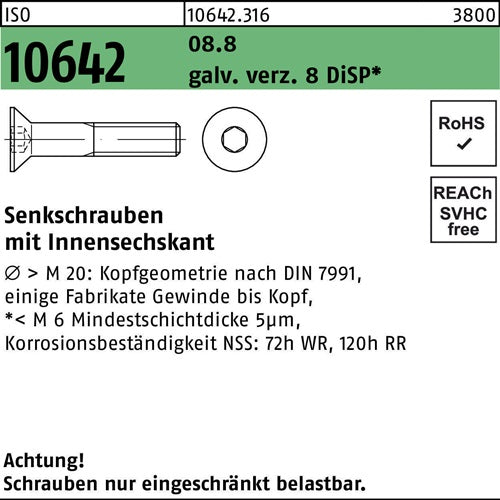 Senkschraube ISO 10642 Innen-6kt M4x10 88 galvverz 8 DiSP 500St - VPE: 500