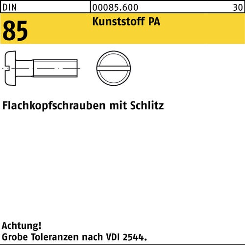 Flachkopfschraube DIN 85/ISO 1580 Schlitz M 6 x 20 Polyamid 200 Stück