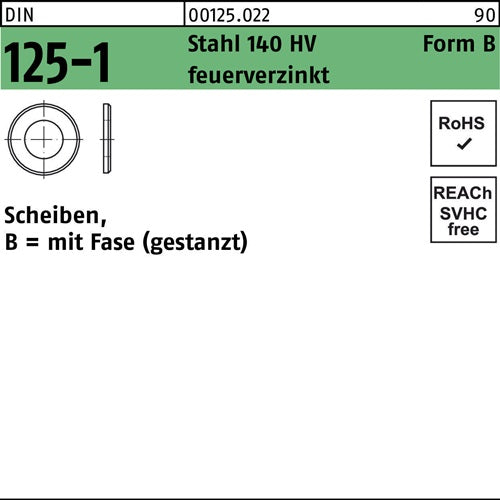 Unterlegscheibe DIN 125-1 Form B 105 x20 x2 Stahl 140 HV feuerverzinkt gestanzt 1000 Stück
