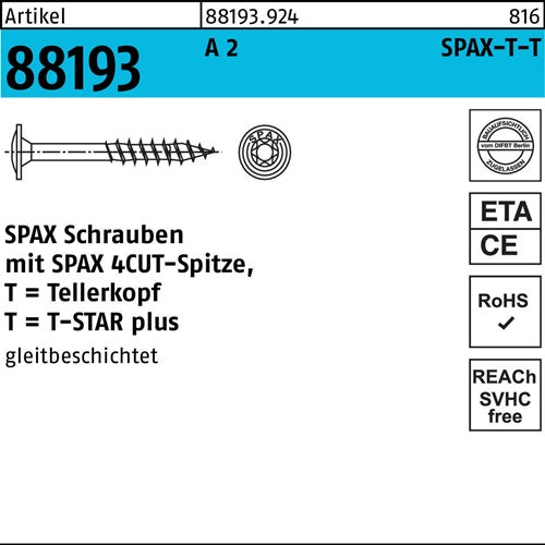 Tellerkopfschraube R 88193 Spitze/T-STAR TG 8x 100/80-T40 A 2 50 Stück SPAX - VPE: 50