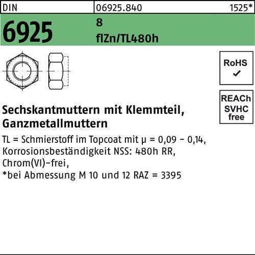 Sechskantmutter DIN 6925 Klemmteil M10 8 zinklamellenbes flZnnc 480h-L 500St - VPE: 500